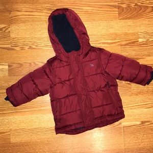 Boys burgundy and navy puffer winter jacket
